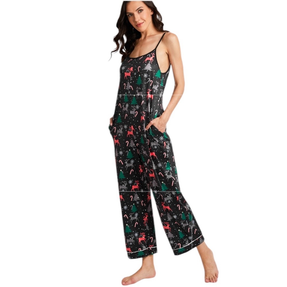 Cupshe Dark Night Christmas Pajamas Pull On One-piece Jumpsuit PJ's‎ Size Medium